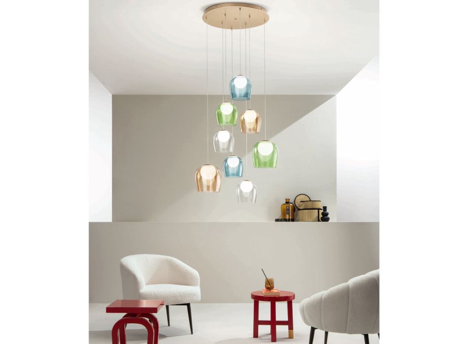 Lámpara de araña con 8 LED cubiertos por vidrio de color opcional y base en metal - Haya viadurini