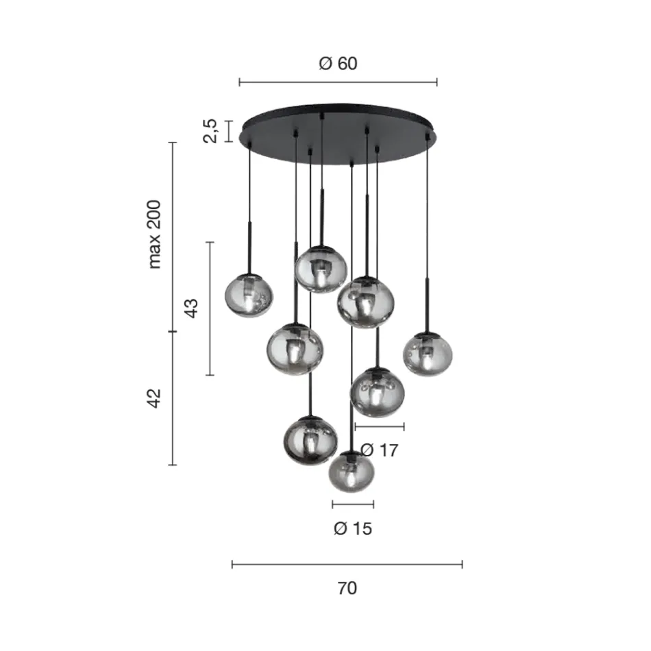 Araña de 8 LEDs en Metal Pintado Oro y Vidrio Soplado - Ailanto viadurini