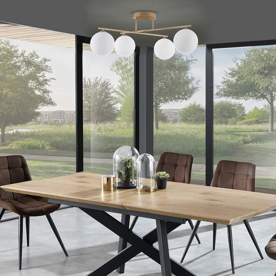 Lámpara de araña de metal dorado metalizado y 4 esferas de cristal blanco - Venecia viadurini