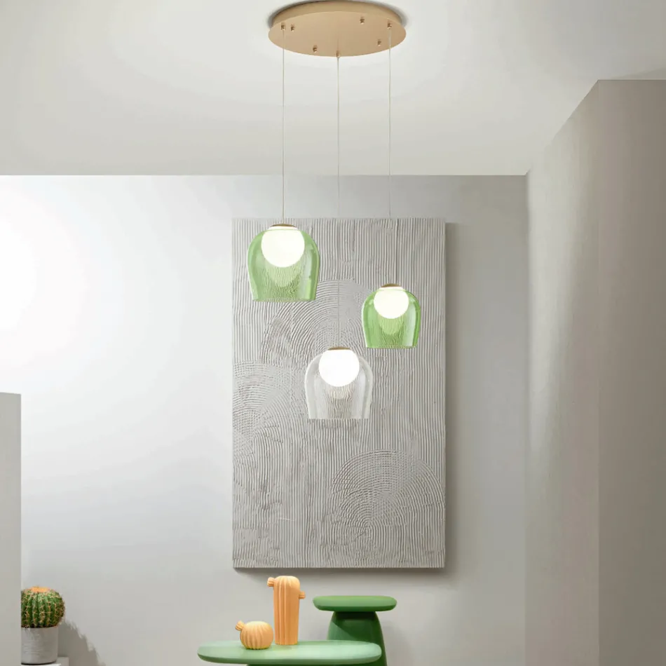 Lámpara de araña de metal pintado dorado con 3 LED y vidrio opcional - Haya viadurini