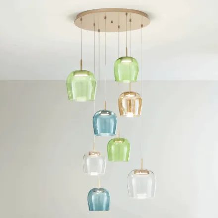 Araña en Metal Pintado Dorado y Luz LED y Vidrios Coloreados - Hornbeam viadurini