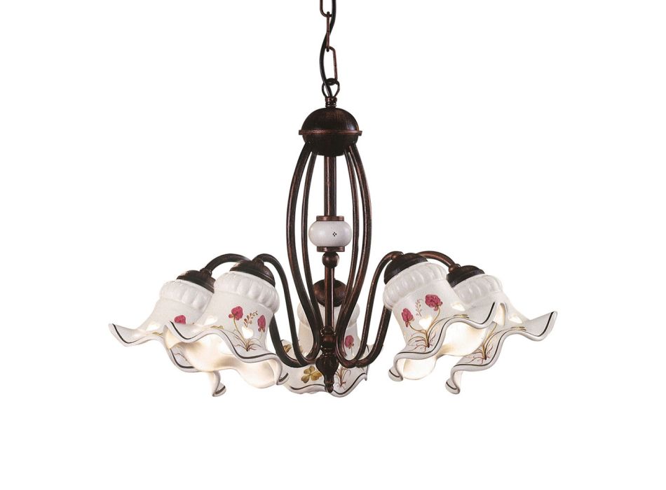 Lámpara de araña vintage de 3 o 5 luces en hierro y cerámica decorada a mano - Chieti viadurini