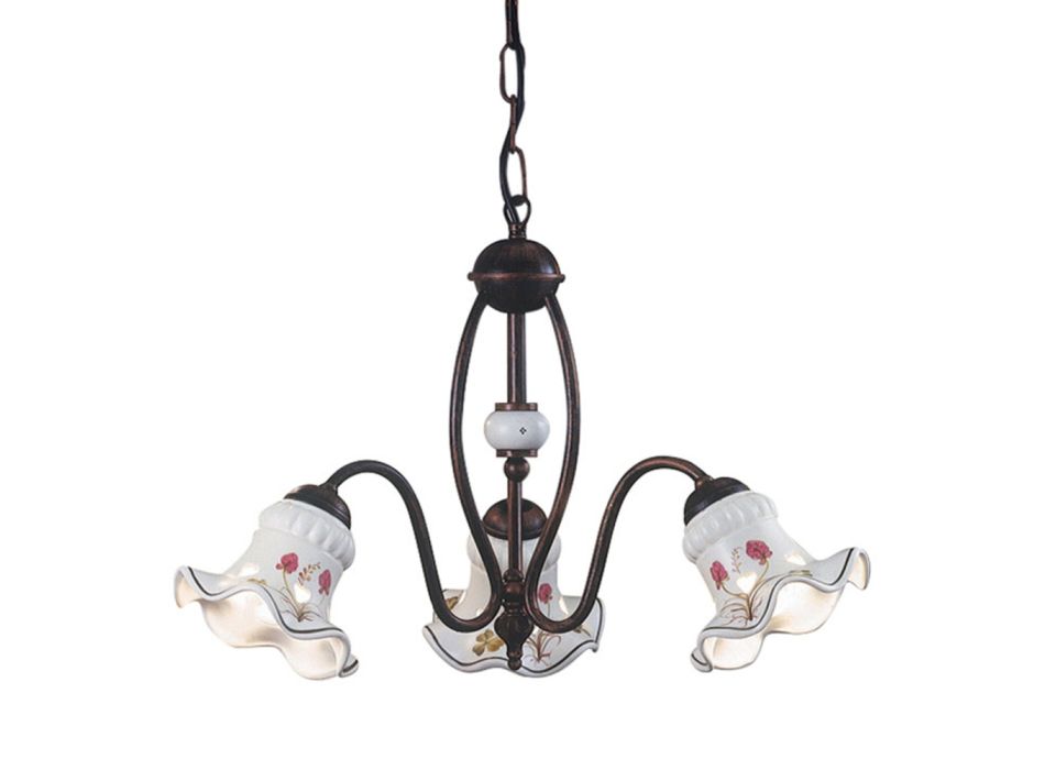 Lámpara de araña vintage de 3 o 5 luces en hierro y cerámica decorada a mano - Chieti viadurini