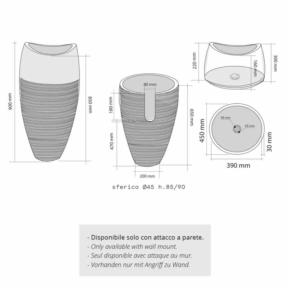 Columna Lavabo esférico Piedra Natural Negro Gili viadurini
