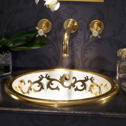 Lavabo empotrado decorado en arcilla fuego y oro hecho en Italia, Otis viadurini