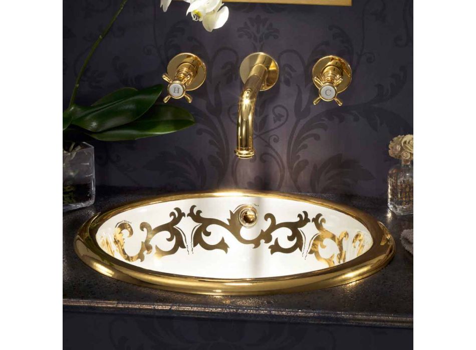 Lavabo empotrado decorado en arcilla fuego y oro hecho en Italia, Otis viadurini