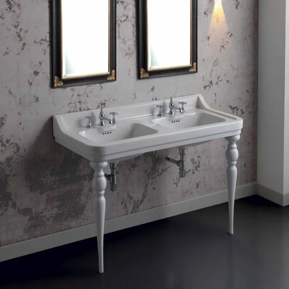 Lavabo clásico de cerámica de dos platos hecho en Italia, Swami viadurini