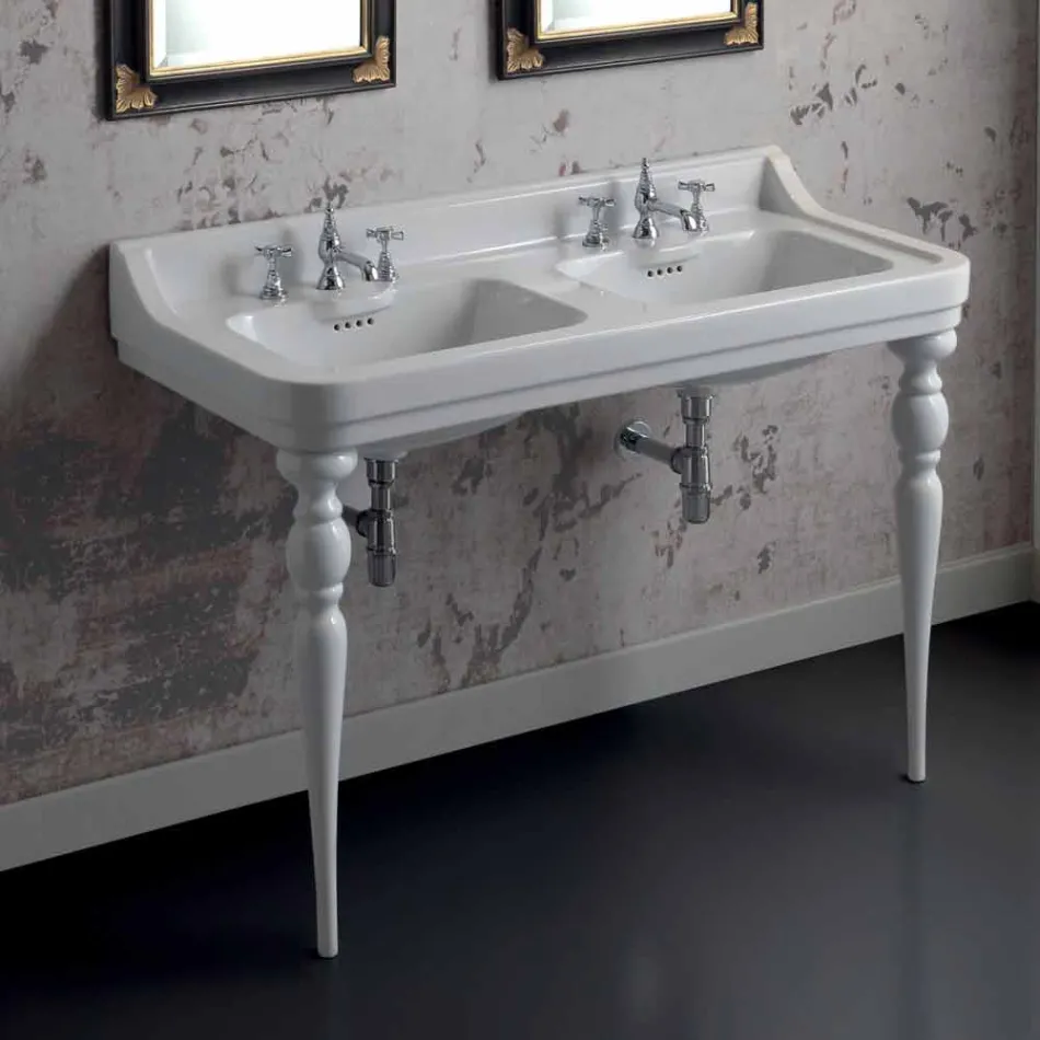 Lavabo clásico de cerámica de dos platos hecho en Italia, Swami viadurini