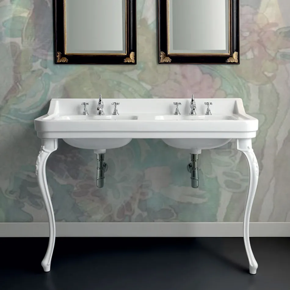 Lavabo consola en cerámica blanca con lavabo doble Made in Italy - Wollie viadurini