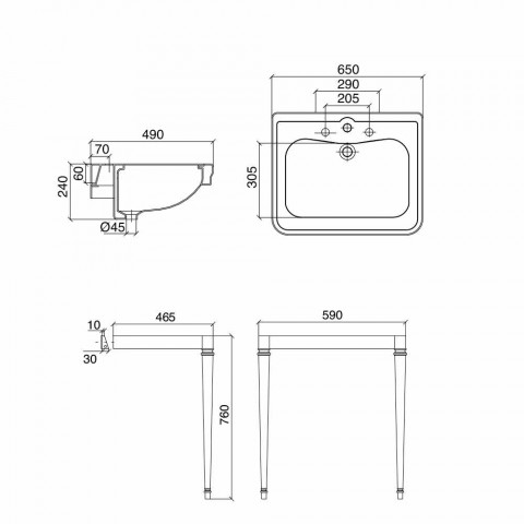 Consola de baño vintage de cerámica blanca con pies Made in Italy