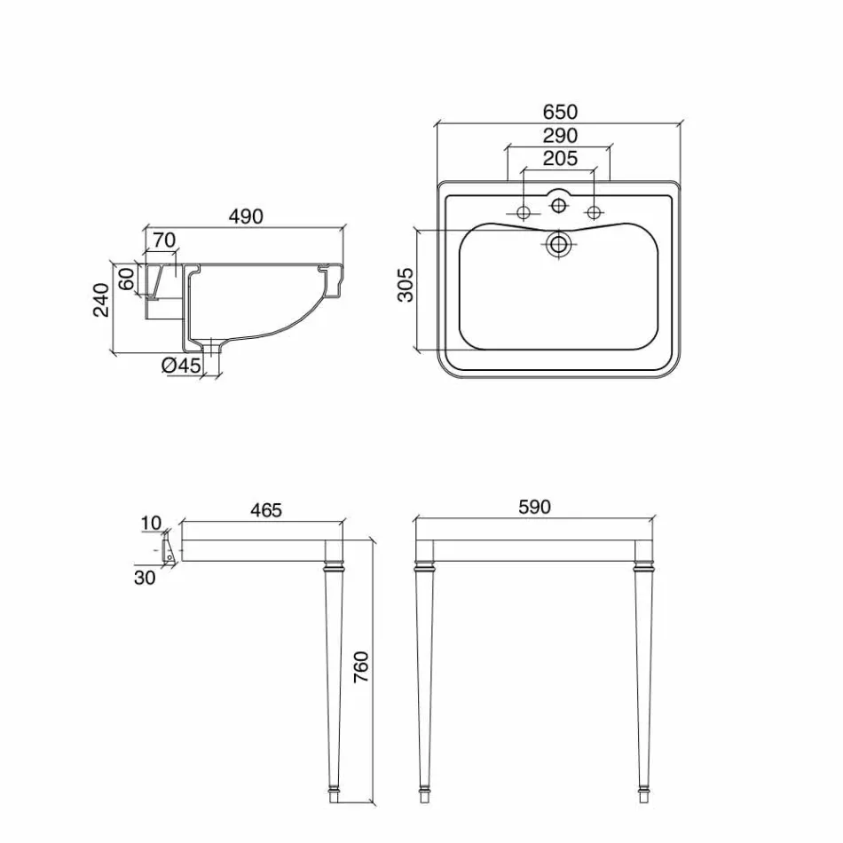 Consola para lavabo 65 cm en cerámica con pies de metal, estilo vintage - Marwa viadurini