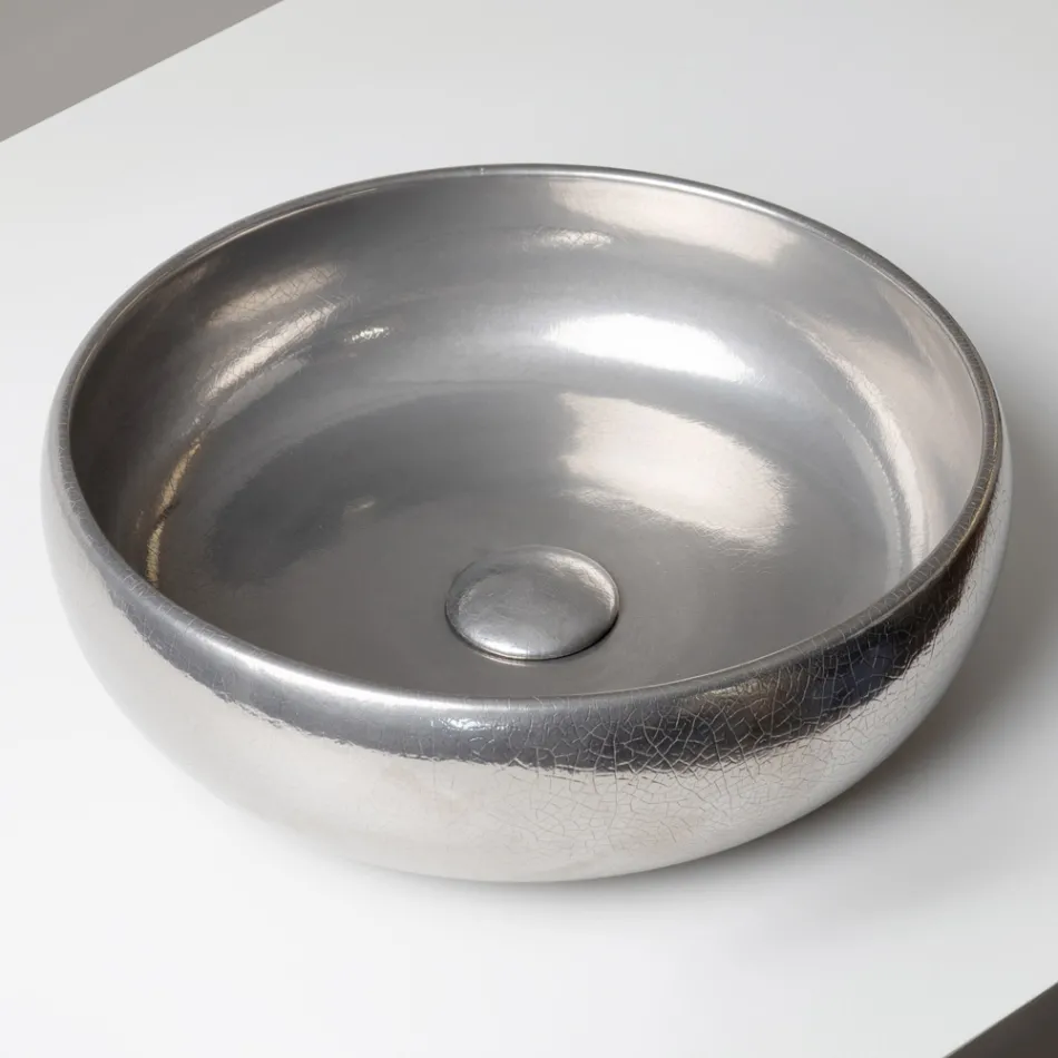 Lavabo de encimera de arcilla raku metálica torneada a mano - Prisma viadurini