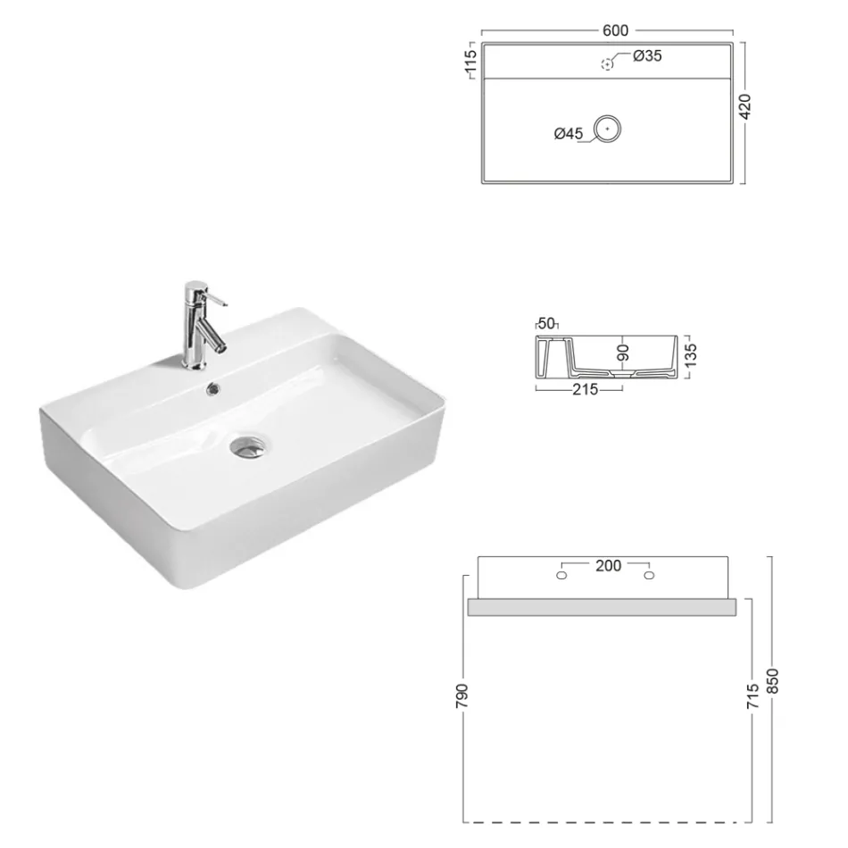 Fregadero de cerámica para encimera con orificio para grifo de diseño moderno - Papavero viadurini