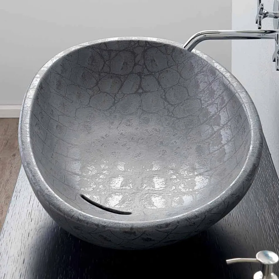 Lavabo sobre encimera de cerámica de coco gris estampado hecho en Italia Glossy viadurini