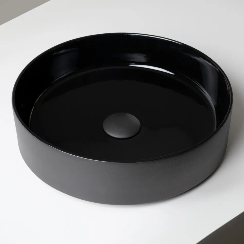 Lavabo de encimera de gres porcelánico torneado a mano Halo, fabricado en Italia viadurini