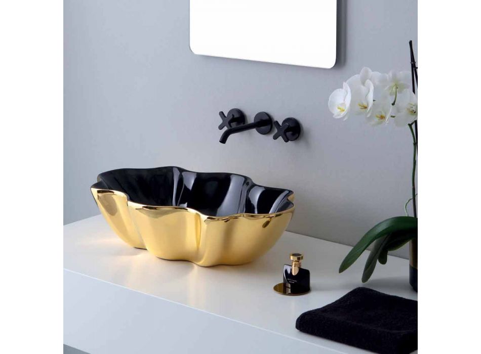 Lavabo sobre encimera moderno en cerámica dorada y negra hecho en Italia Cube viadurini