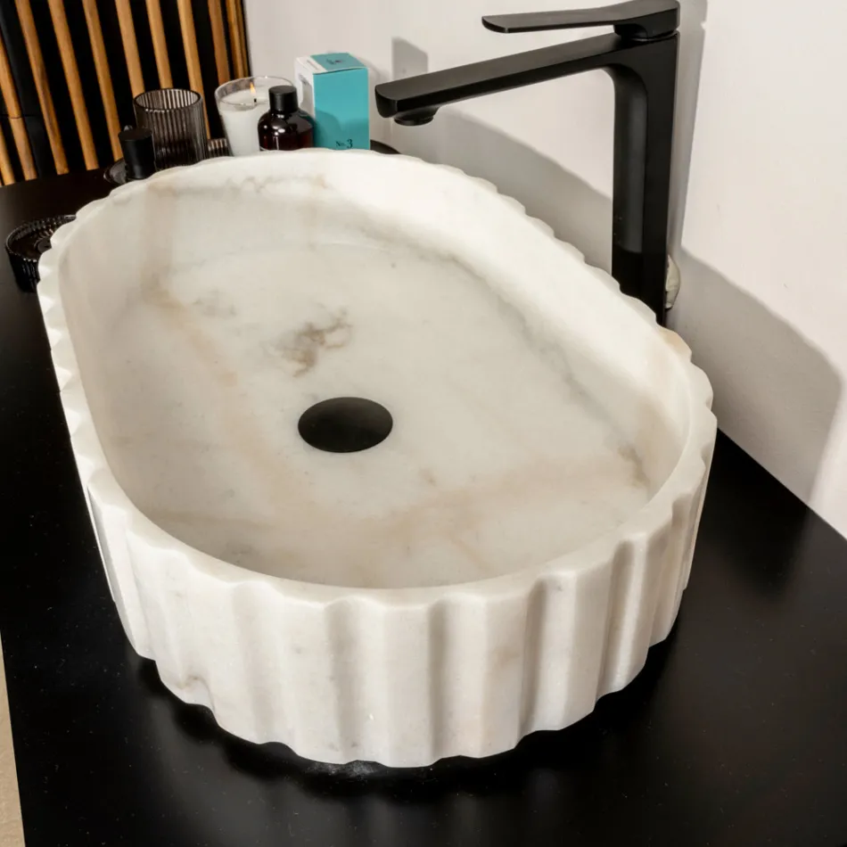 Lavabo sobre encimera ovalado para baño fabricado en mármol blanco - Cunzite viadurini