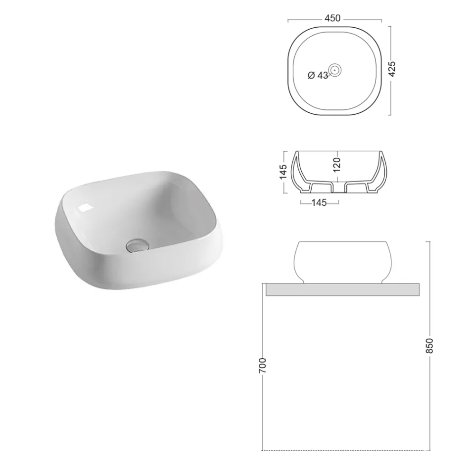 Lavabo cuadrado de cerámica blanca de diseño moderno para encimera - Papavero viadurini