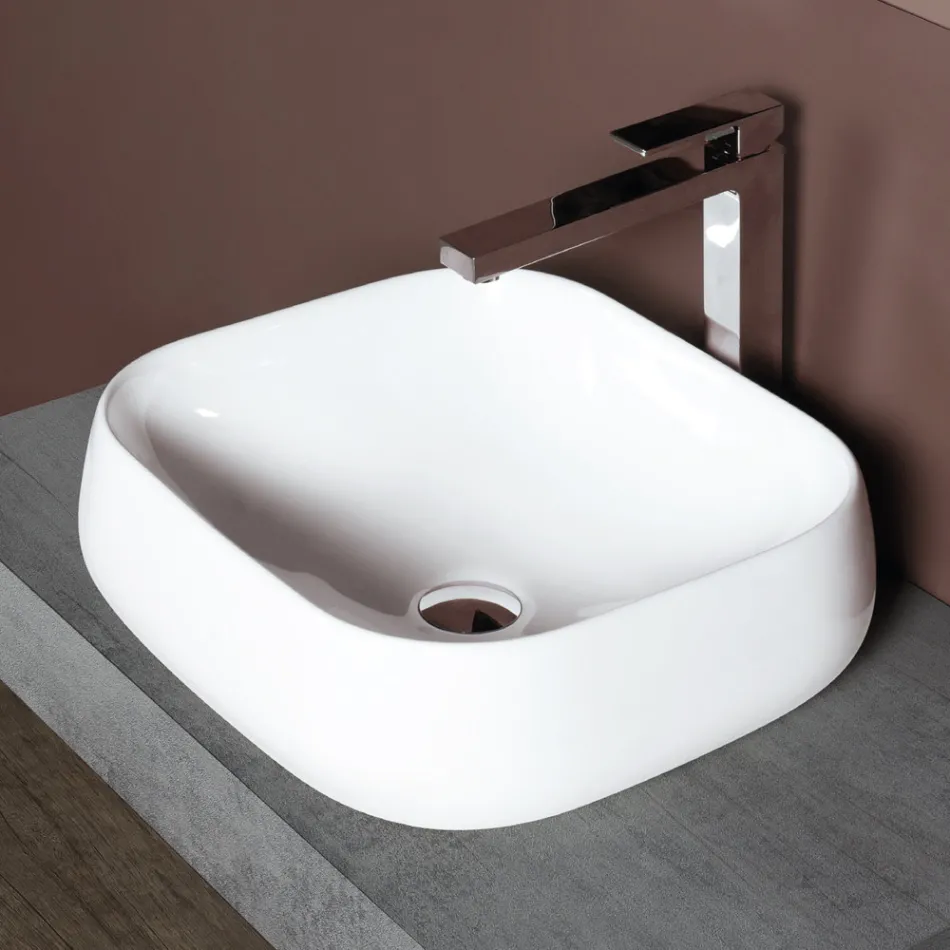 Lavabo cuadrado de cerámica blanca de diseño moderno para encimera - Papavero viadurini
