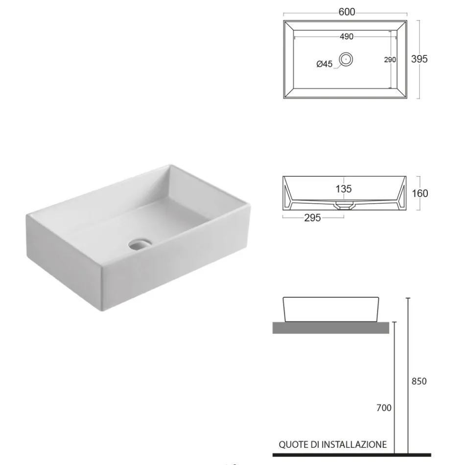 Lavabo rectangular de cerámica para encimera con diseño moderno - Papavero viadurini