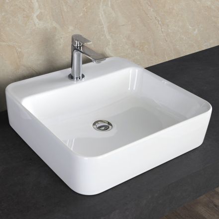 Lavabo de encimera cuadrado Aster en cerámica blanca con orificio para grifo viadurini