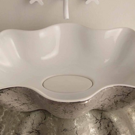 Lavabo sobre encimera de cerámica blanca plateada realizado en Italia Cubo viadurini
