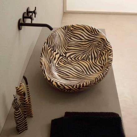 Lavabo sobre encimera de cerámica de diseño con cebra naranja realizado en Italia Brillante viadurini