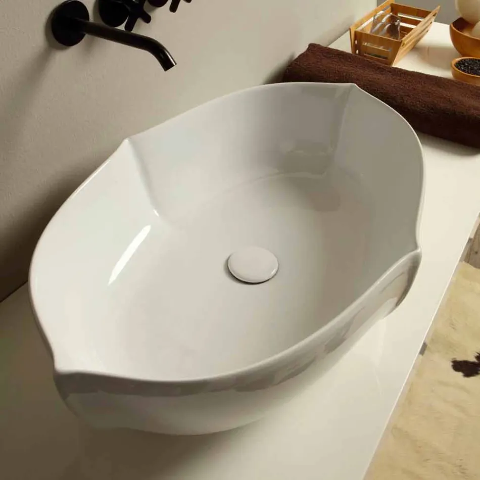 Lavabo sobre encimera de diseño de cerámica blanca realizado en Italia Oscar viadurini