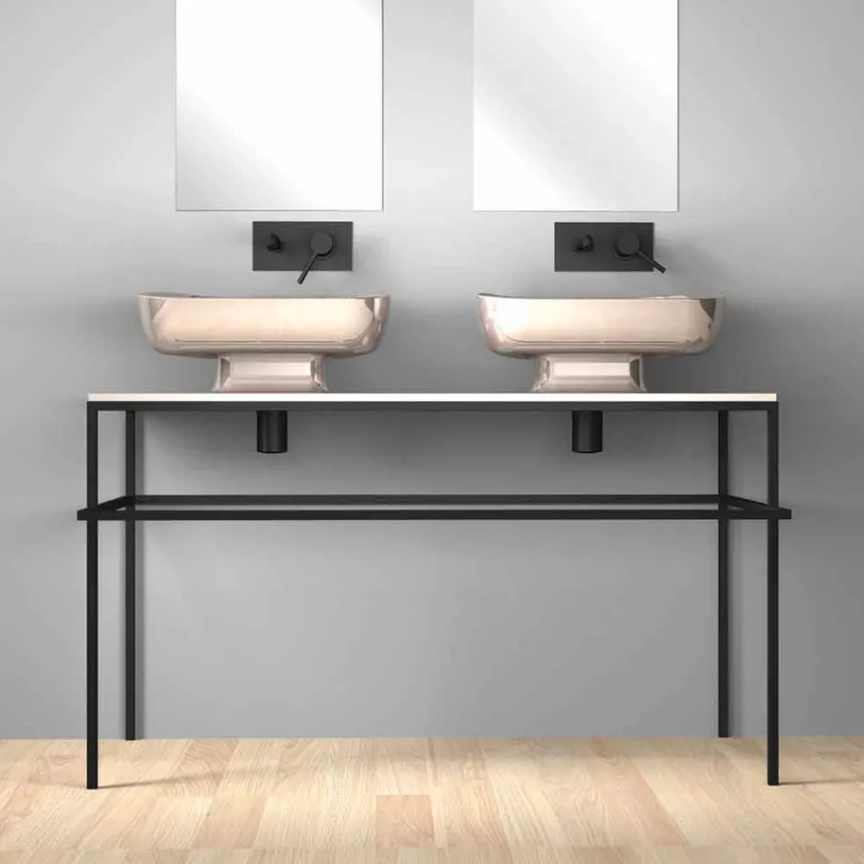 Lavabo doble de cerámica moderno de pared hecho en Italia, Reale viadurini