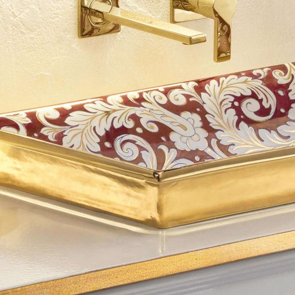 Lavabo de arcilla refractaria fundido a mano con decoraciones de colores Made in Italy - Aulente viadurini