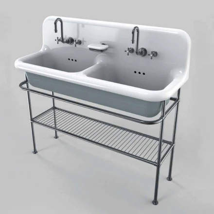 lavabo de cerámica con dos tazones en estructura de soporte Calvin viadurini