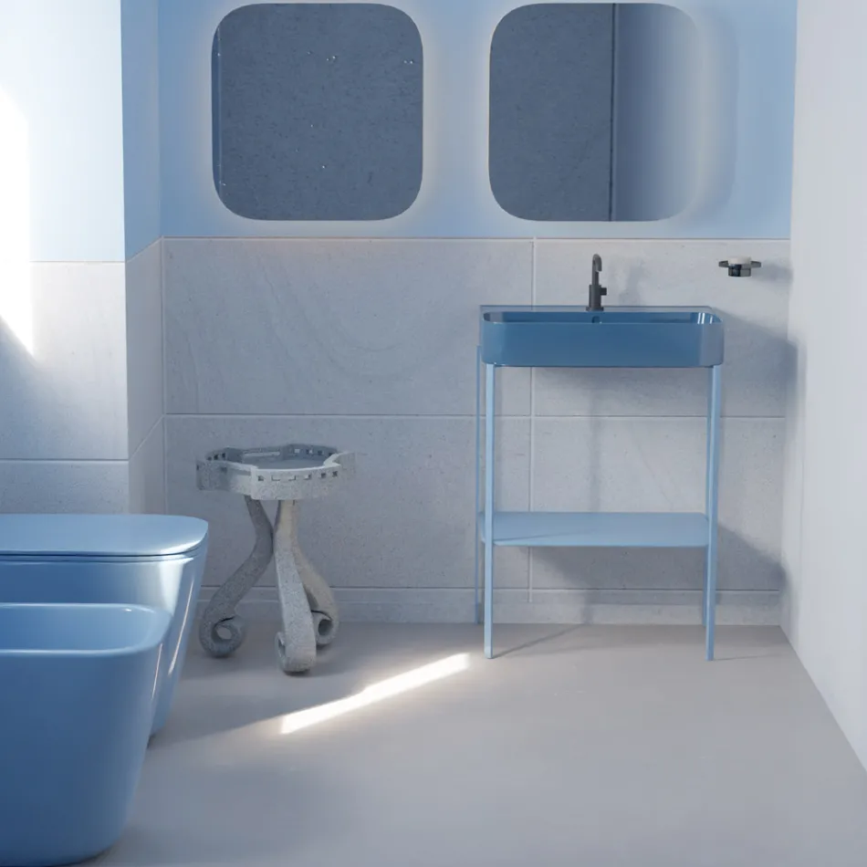 Lavabo de cerámica con estructura al suelo con estante Made in Italy - Graffa viadurini
