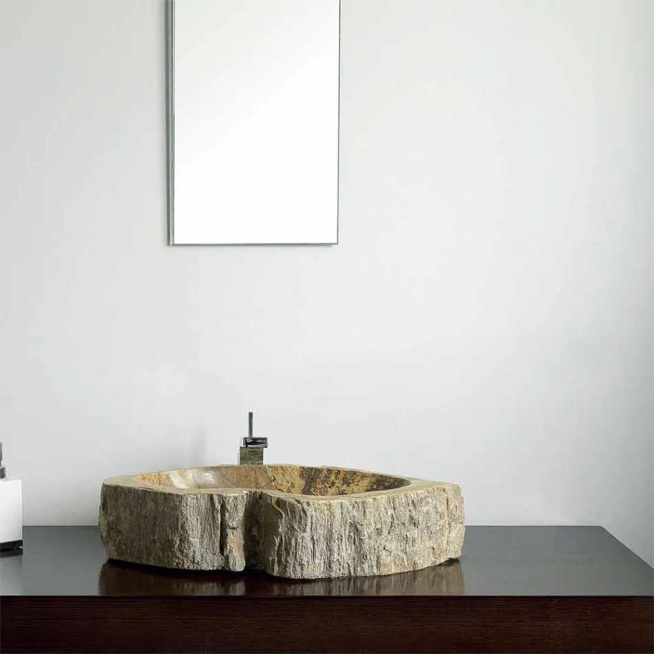 Lavabo sobre encimera de madera Petrificada, pieza única, Goa viadurini