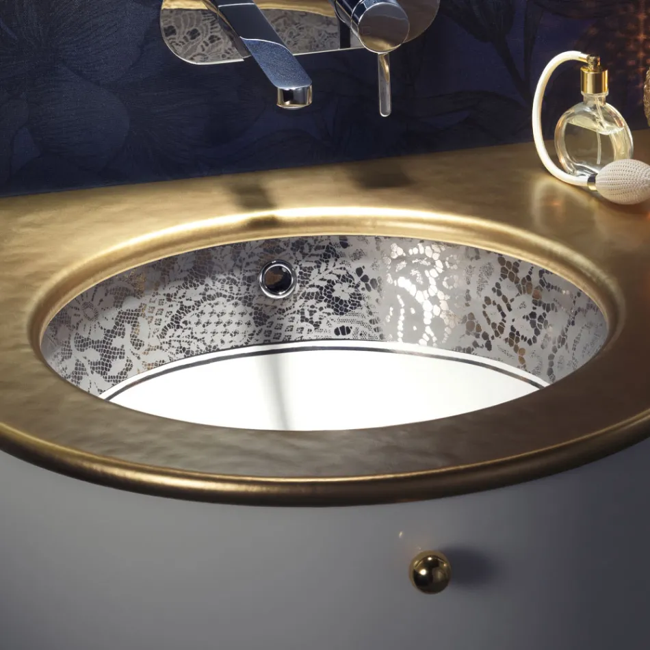 Lavabo encastrable de arcilla refractaria con banda de encaje de platino Made in Italy - Erioli viadurini