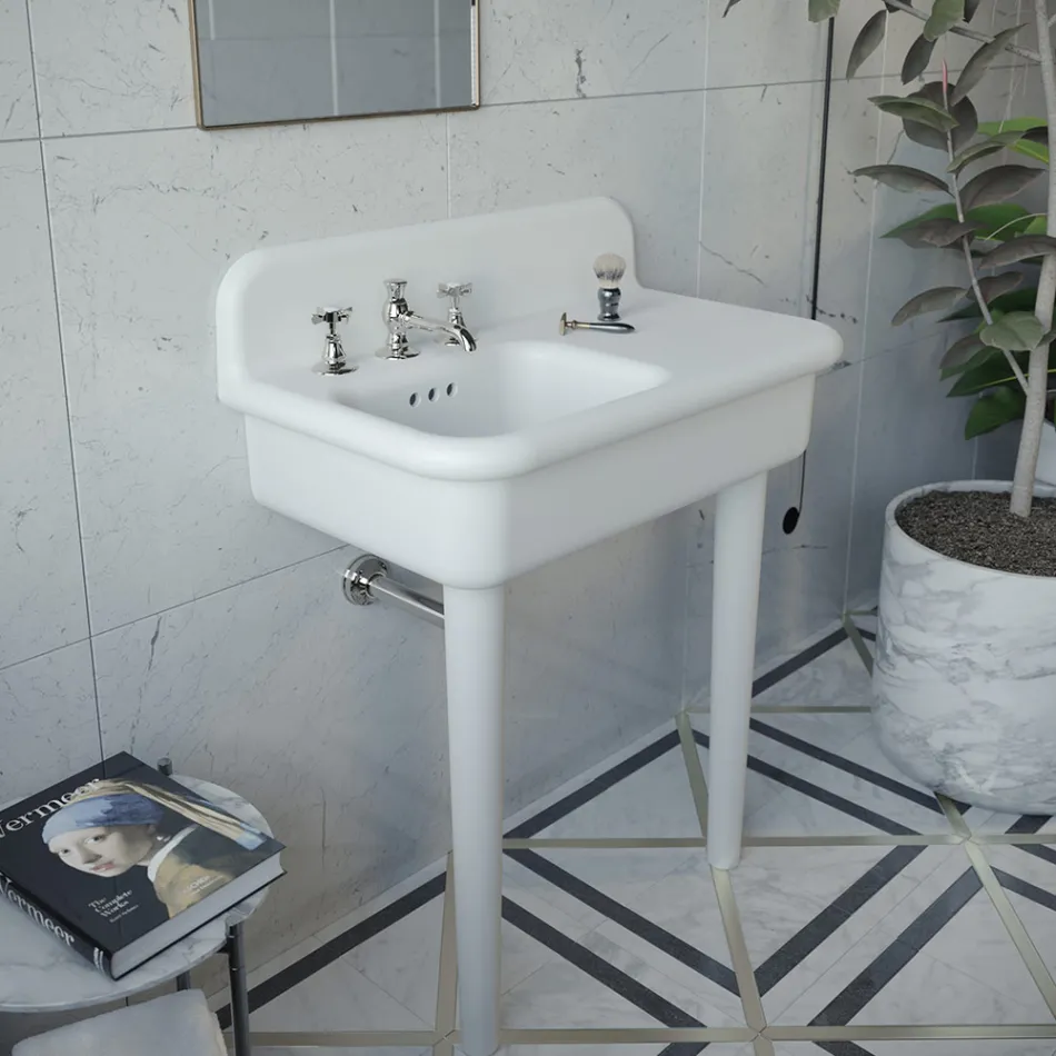 Lavabo de baño asimétrico de cerámica con soporte para objetos - Giusy viadurini