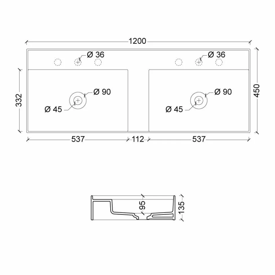 Lavabo de cerámica de pared de diseño moderno Sun 120x45 cm made in Italy viadurini