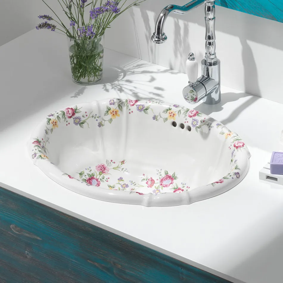Lavabo vintage de porcelana fundida a mano con flores Made in Italy - Barbera viadurini