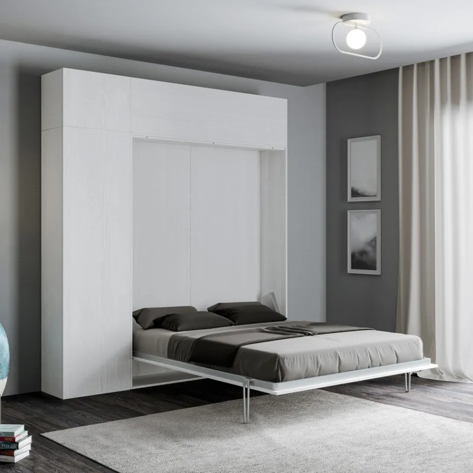 Cama Queen Size con compartimento abatible vertical, columna y unidad de pared - Magicompare viadurini