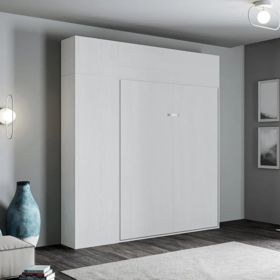 Cama francesa plegable vertical con mueble de pared y columna - Magicompare viadurini
