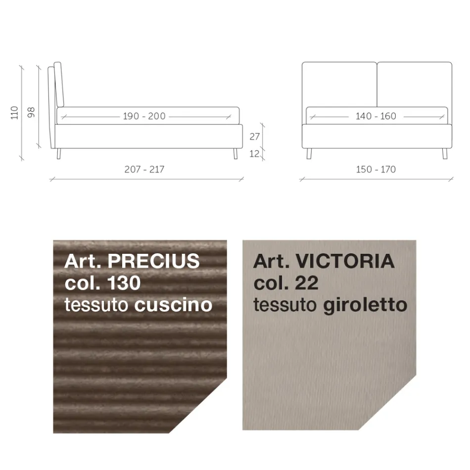 Cama de matrimonio 160x190 con 2 almohadas suaves en el cabecero - Tramonti viadurini