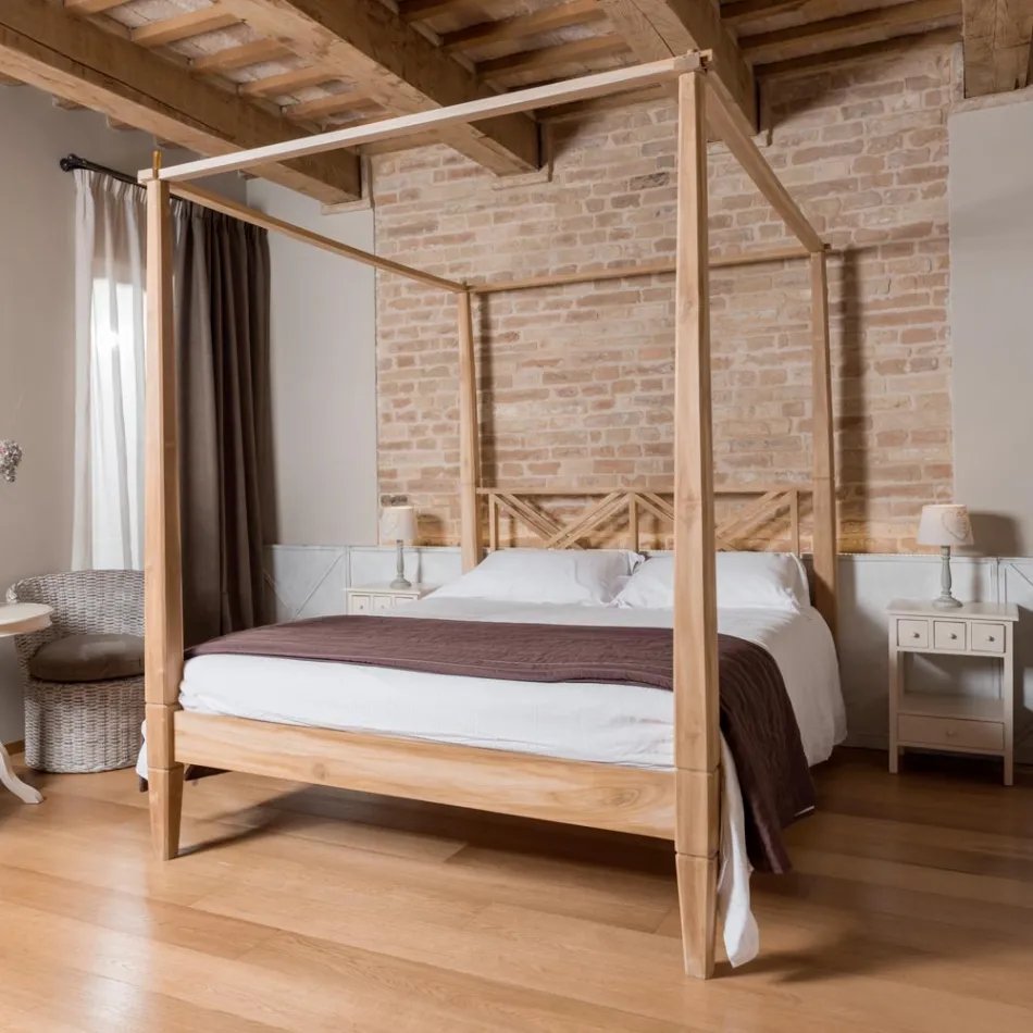 Cama doble de 160x200 con dosel en madera maciza de teca - Acuarela viadurini