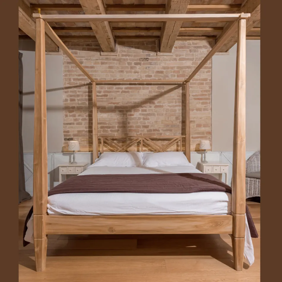 Cama doble de 180x200 con dosel en madera maciza de teca - Tempera viadurini