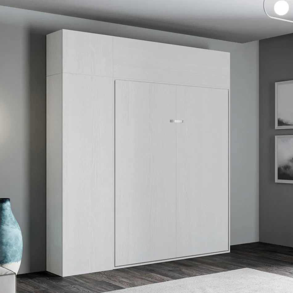 Cama doble plegable vertical con mueble de pared y columna - Magicompare viadurini