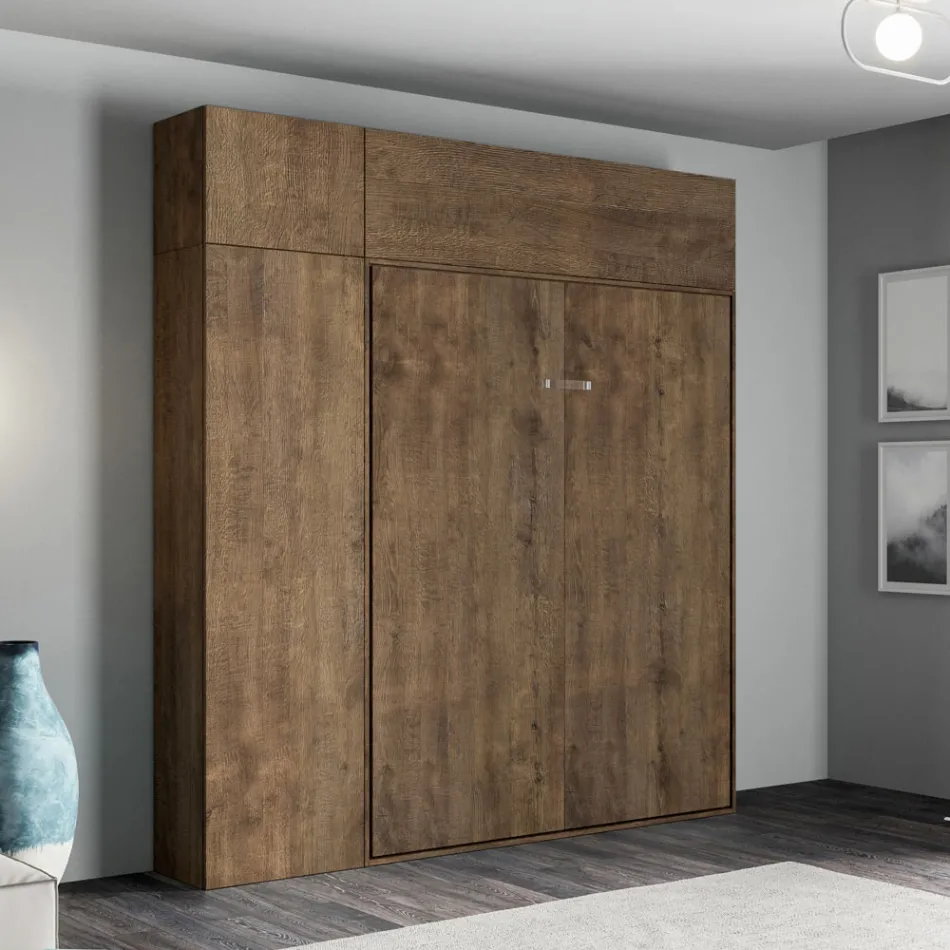 Cama doble plegable vertical con mueble de pared y columna - Magicompare viadurini