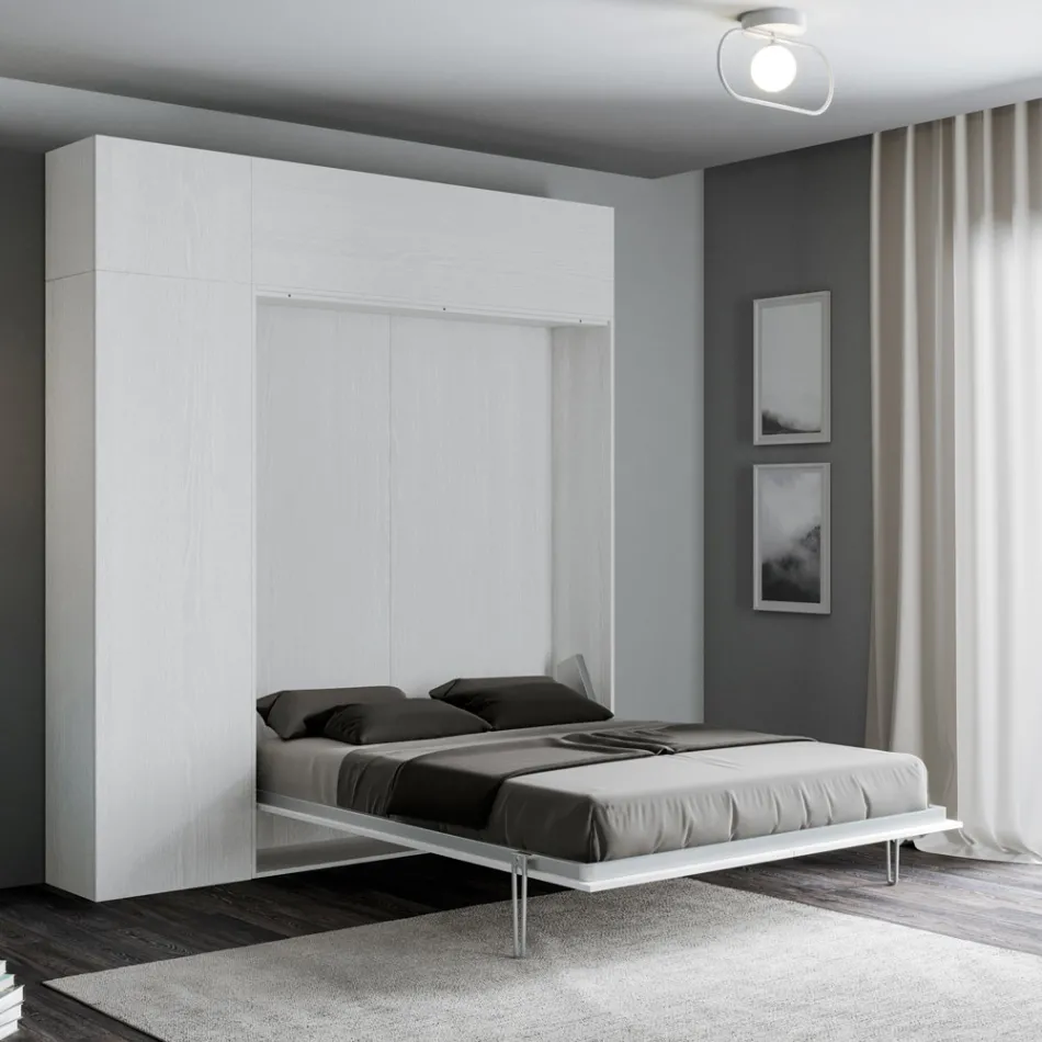 Cama doble plegable vertical con mueble de pared y columna - Magicompare viadurini