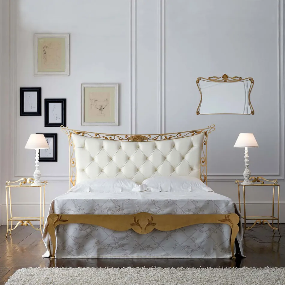 Cama Doble Estilo Clásico en Hierro y Cuero Made in Italy - King viadurini
