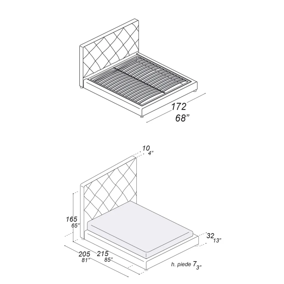 Cama doble tapizada revestida en tela o piel - Celebre viadurini