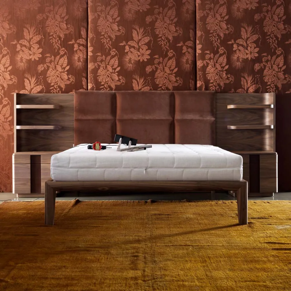 Grilli York hizo cama doble tapizada de madera maciza Italia viadurini