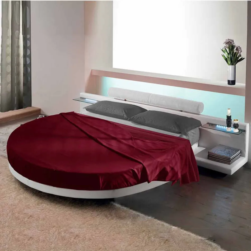 Cama doble redonda tapizada en ecopiel de diseño Made in Italy - Vesio viadurini