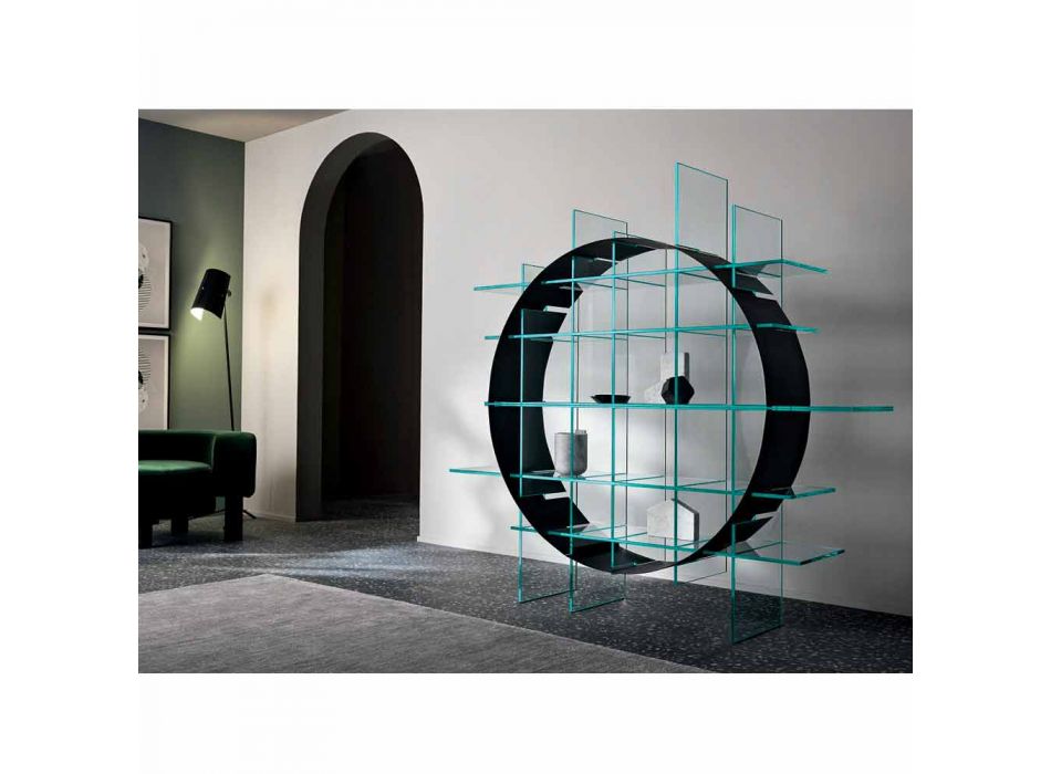 Librería circular independiente en vidrio extraclaro y negro cepillado - Marco viadurini
